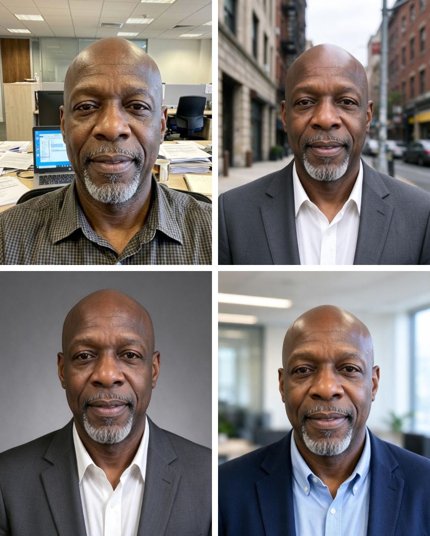 A phone selfie of a man (top left) and three Spruceshot headshots of him in a suit and a blazer